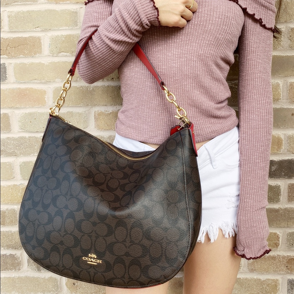 Gaby’sBags👜💕-Coach brown Signature Hobo red trim - Picture 3 of 5